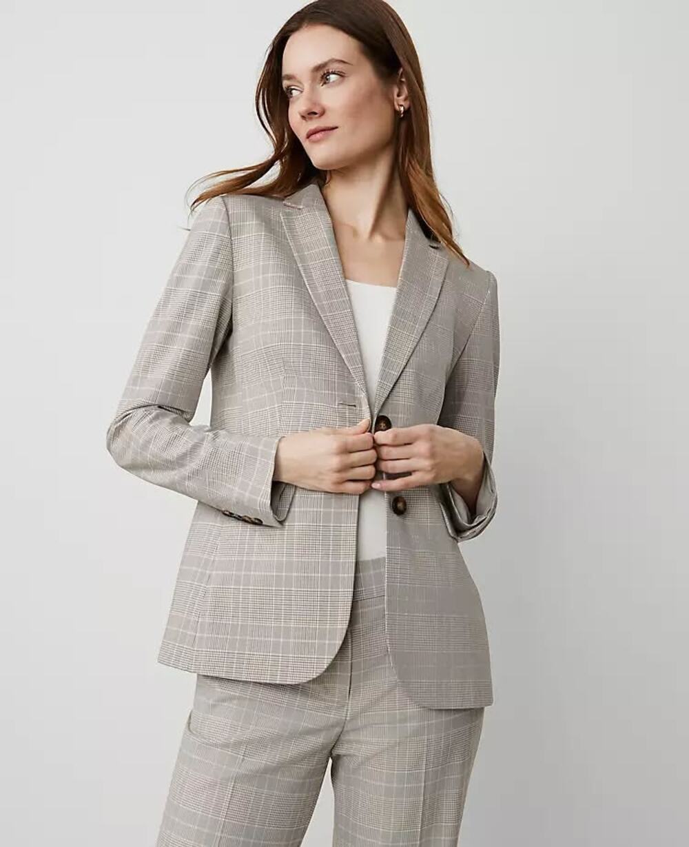 Ann Taylor The Greenwich Plaid Notch Lapel Single Breasted Blazer Gray Womens 6